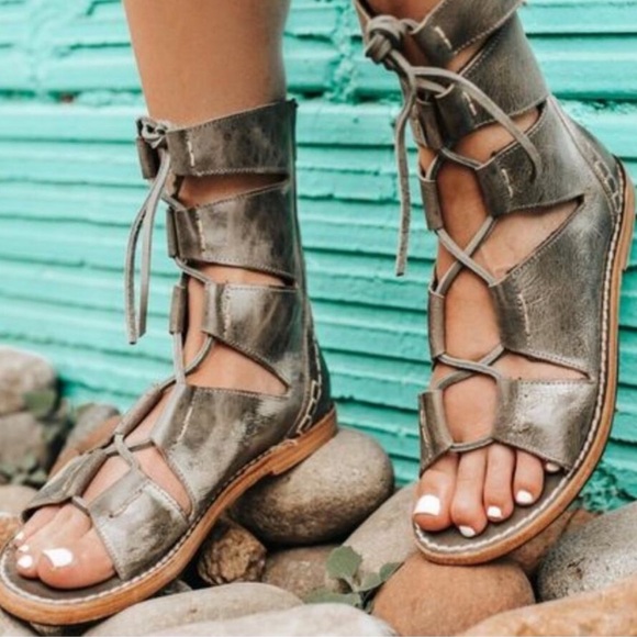 🆕 NWOB Freebird by Steven Ceasar Gladiator Lace Up Sandals In Gray Stone Size 9 - Picture 1 of 15